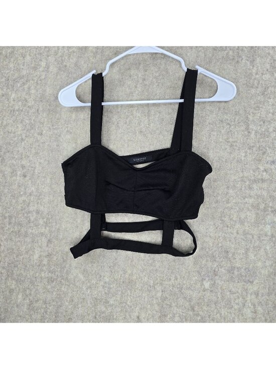 Brand: Solemio Tops - Solemio Womens Black Strappy Crop Top Large Polyester Blend Fitted Cutout Back